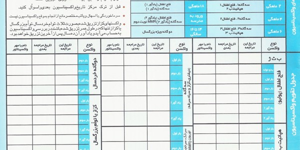 جدول راهنمای واکسیناسیون 